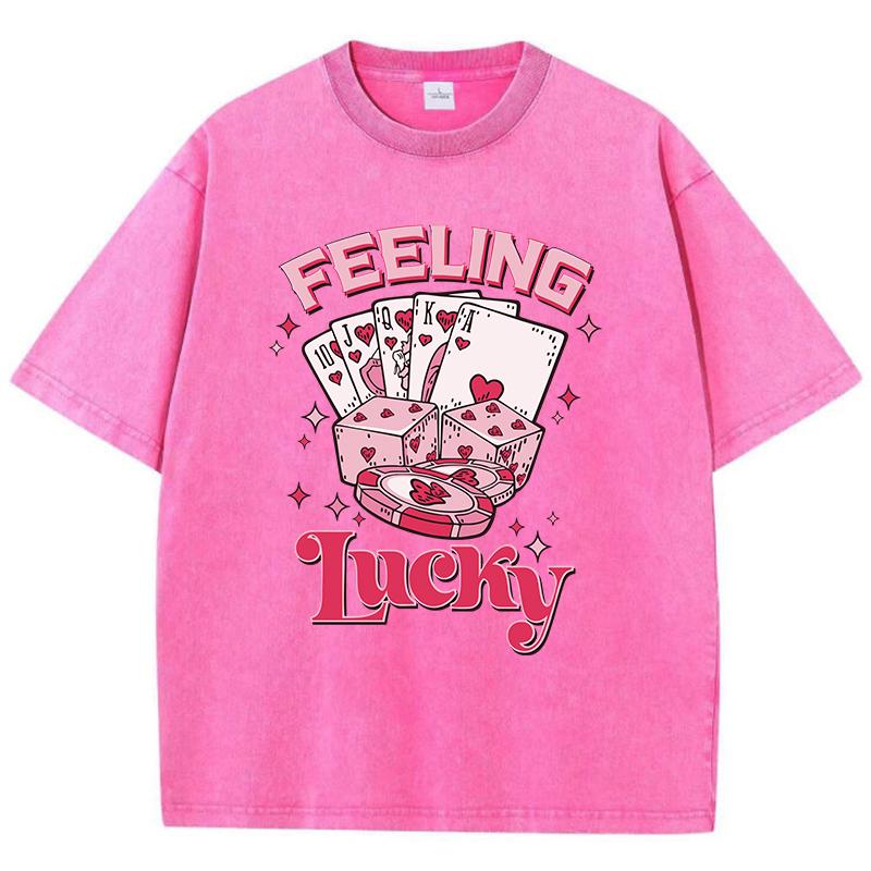 Feeling Lucky Cotton Washed T-Shirts Womens Poker Dice Printed Tops Comfortable O-Neck Oversize T Shirts Woman Clothes