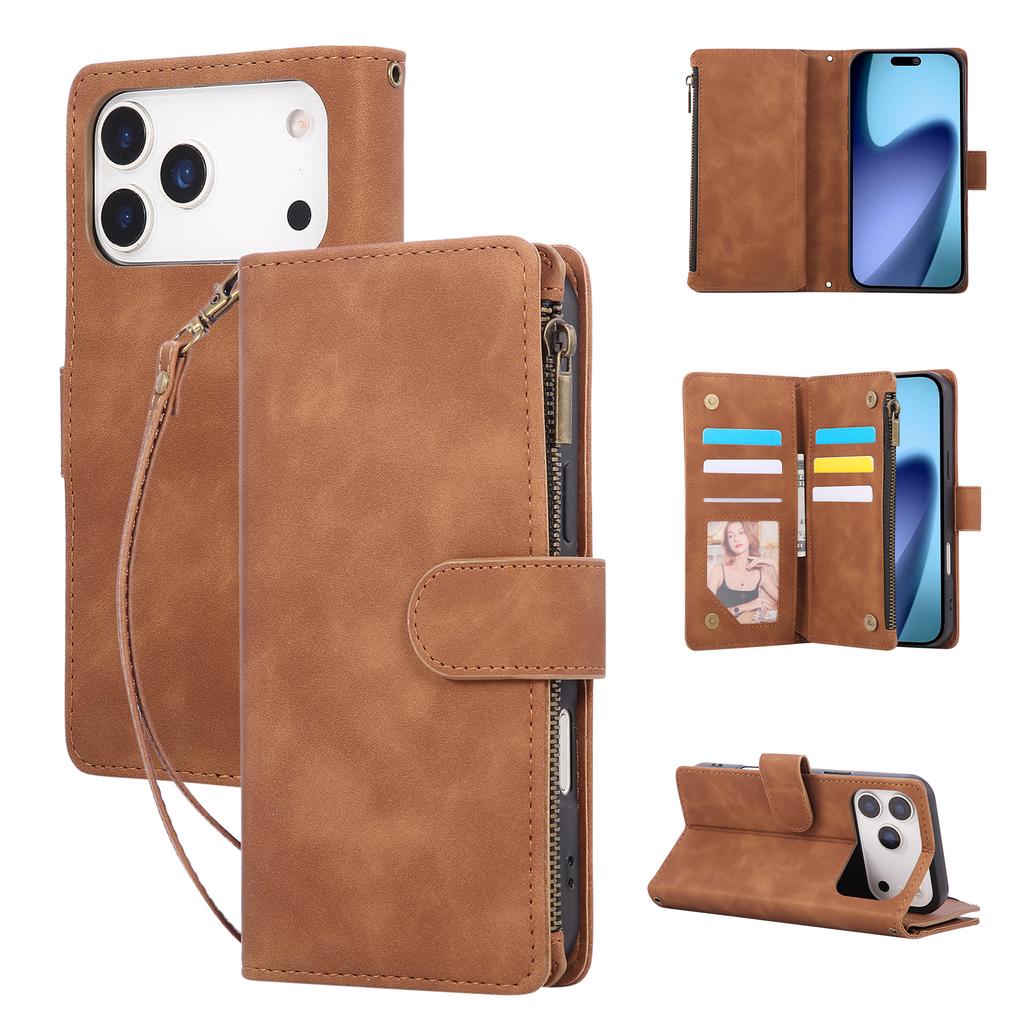 For iPhone 17 Pro Max Case Zipper Wallet Multiple Card Slots Leather Phone Cover with Wrist Strap
