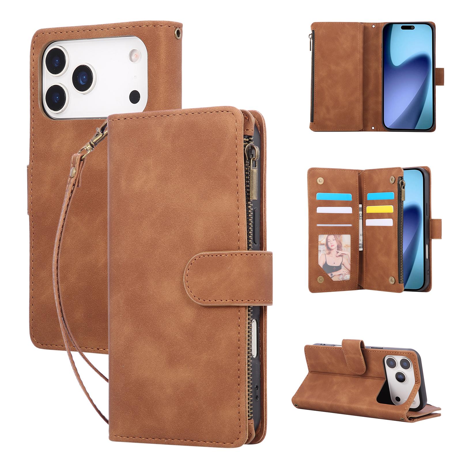 

For iPhone 17 Pro Case Zipper Wallet Multiple Card Slots Leather Phone Cover with Wrist Strap Brown