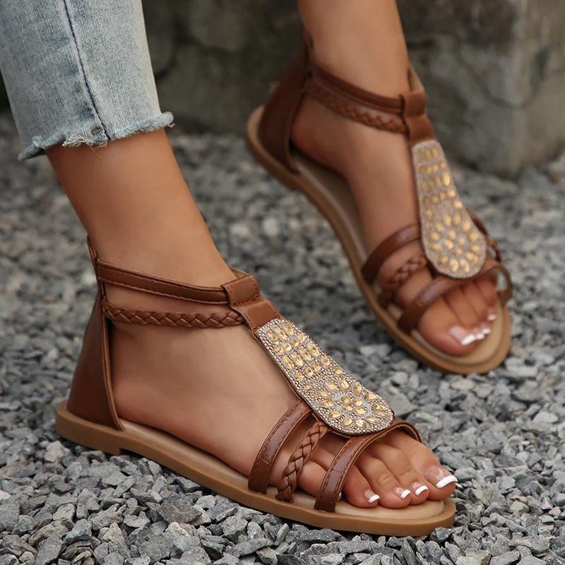 Fashion Ankle Strap Braided Roman Sandals for Women 2025 Summer Shiny Crystal Flat Sandals Woman Comfortable Soft Non Slip Beach Shoes