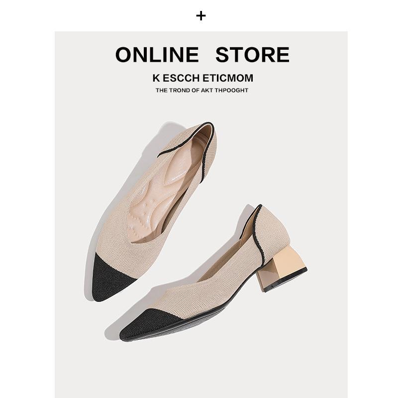 

Толстый каблук новые заостренные носки неглубокие одиночные туфли средний каблук вязаные летающие туфли высокие каблуки женские 34