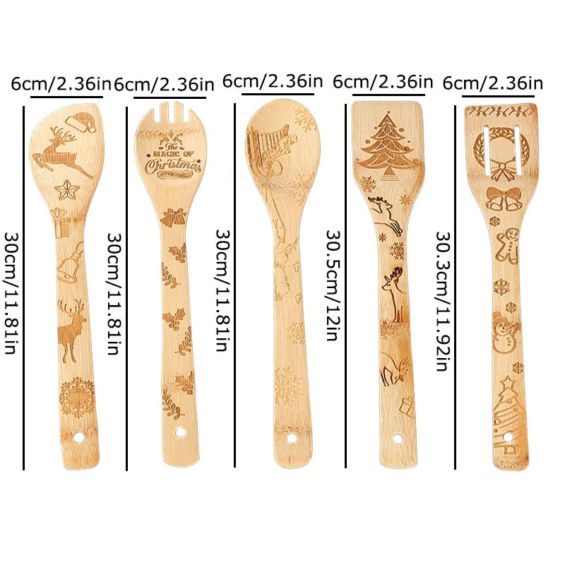 5 ks/sada Bambusové lžíce Kuchyně Vánoční potisk Ideální vánoční dárky Salátová špachtle Rodinné kuchyňské náčiní Pečení