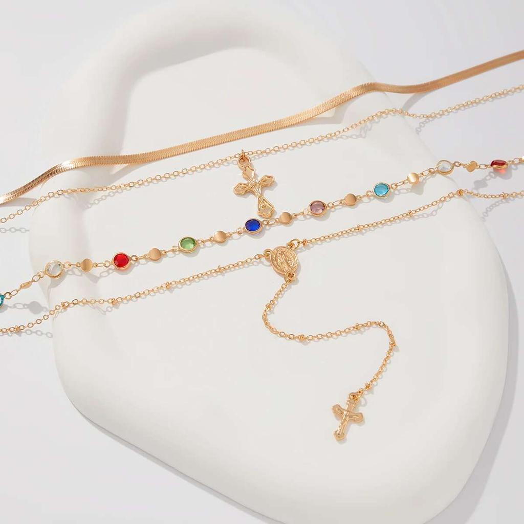 Ingemark 4Pcs/Set Simple Jesus Cross Pendant Choker Necklace for Women 2025 Trendy Colorful Crystal Chain Christian Jewelry Gift