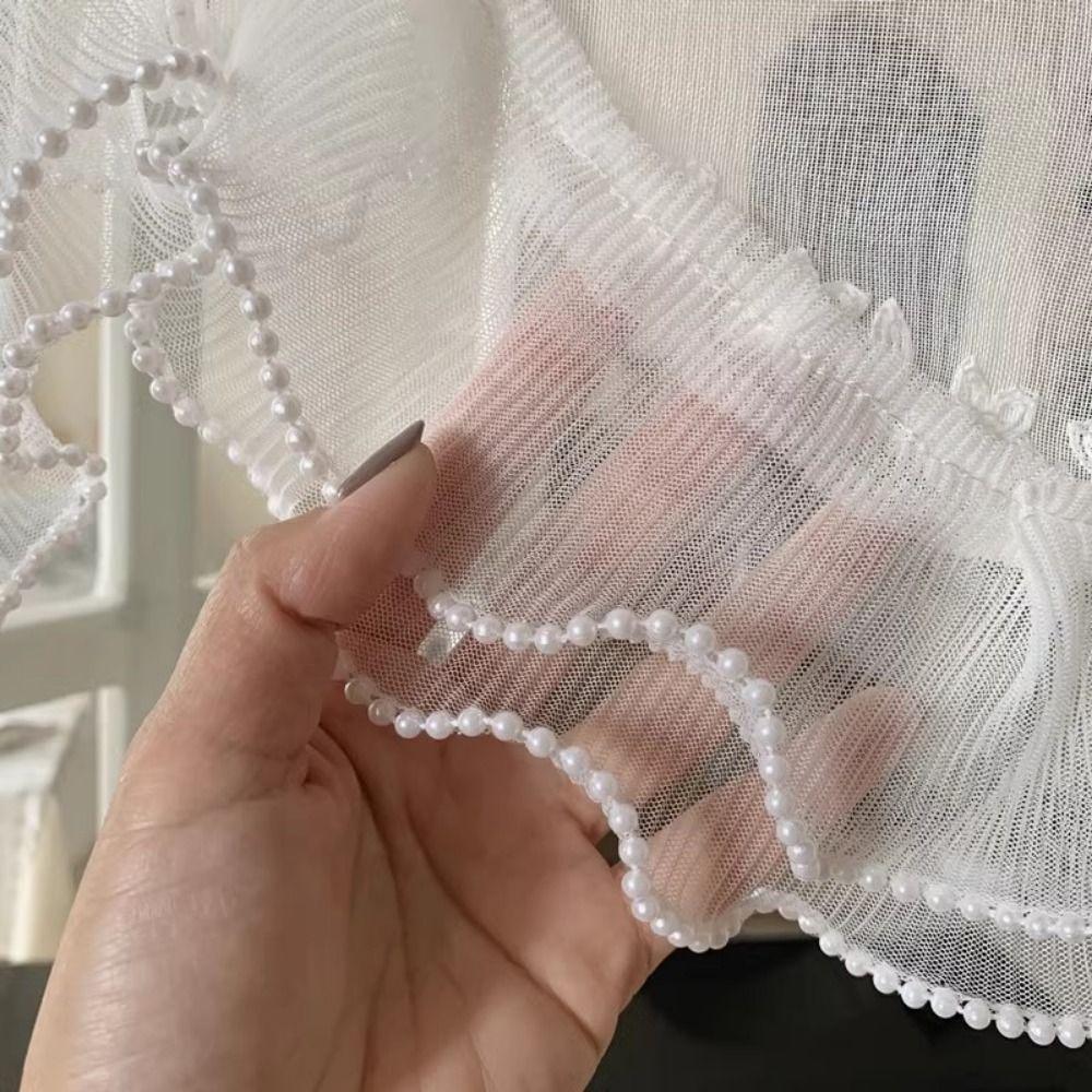 Wavy Edge Beaded Half Yarn Drapes Double Pearls Lace Bottom Floral Short Tulle Drapery  Door