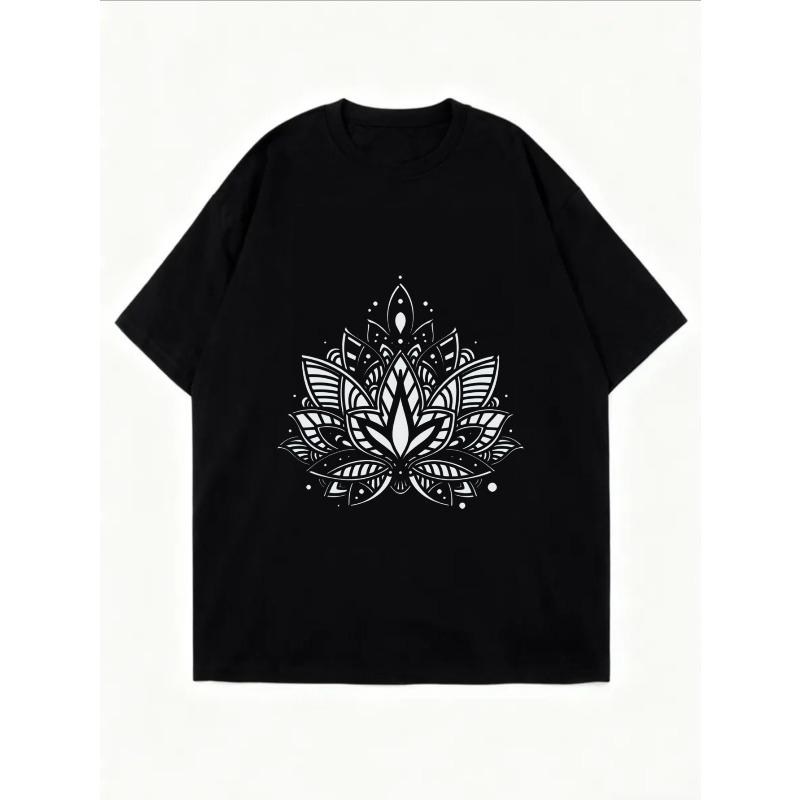 White Oversized T Shirt With Lotus Flower Print For Yoga And Casual Wear