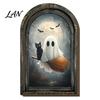 Vertical Wooden Sign Pendant Halloween Vintage Arch Sign, Gothic Spooky Ghost Wall Hanging Decor Dark Floral Print with Bracket, Rustic Aesthetic Home