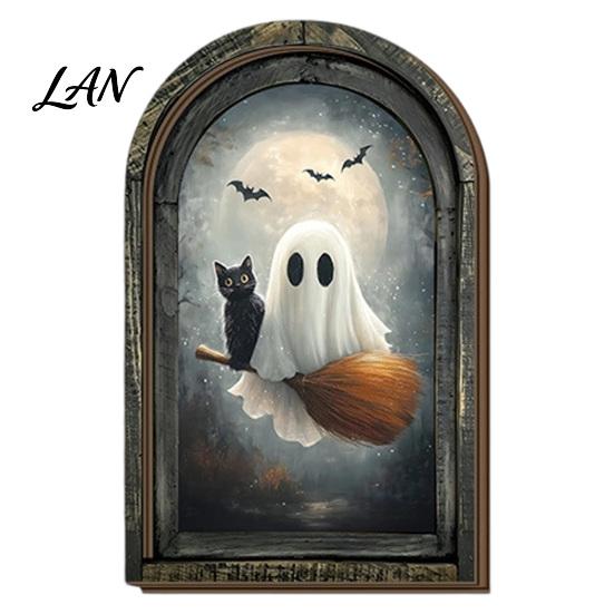 Vertical Wooden Sign Pendant Halloween Vintage Arch Sign, Gothic Spooky Ghost Wall Hanging Decor Dark Floral Print with Bracket, Rustic Aesthetic Home