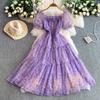 French princess sweet floral square neck bubble sleeve dress women's autumn and winter waist thin lotus leaf edge big swing dress