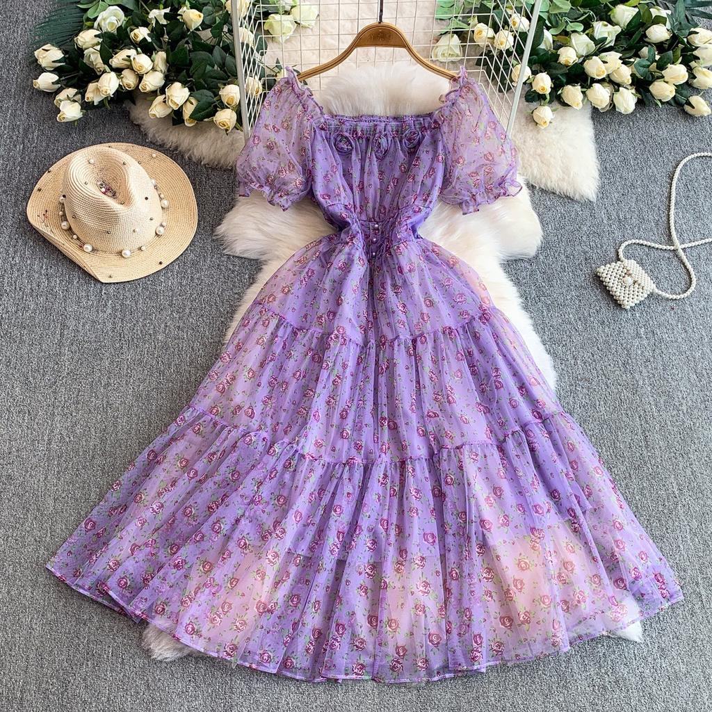 French princess sweet floral square neck bubble sleeve dress women's autumn and winter waist thin lotus leaf edge big swing dress