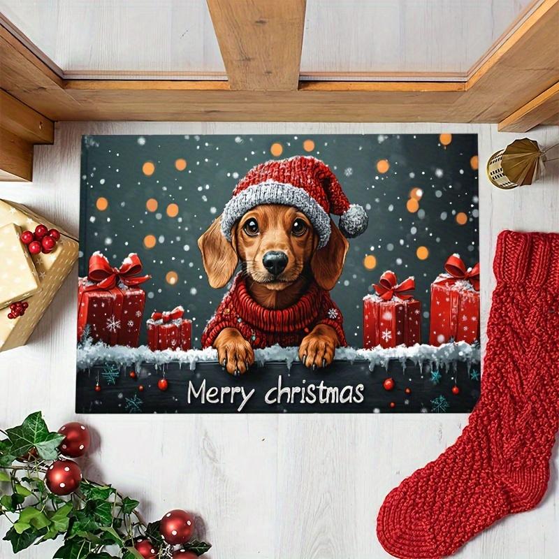 VIKAMA Merry Christmas Dachshund Entry Doormat Snowflake Gift Pattern Non Slip Mat For Porch Indoor Home Christmas Decoration