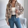 QICED Autumn and Winter Casual Checkered Fake Pocket Long-sleeved Woolen Jacket for Women's Wear