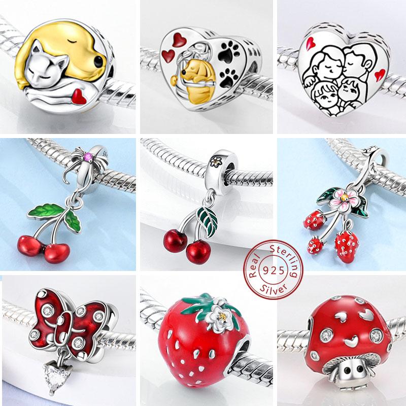 New 925 Silver Charms Bead Red Cherry Strawberry Love Heart Charm Fit Original Bracelet Pendant DIY Jewelry For Women