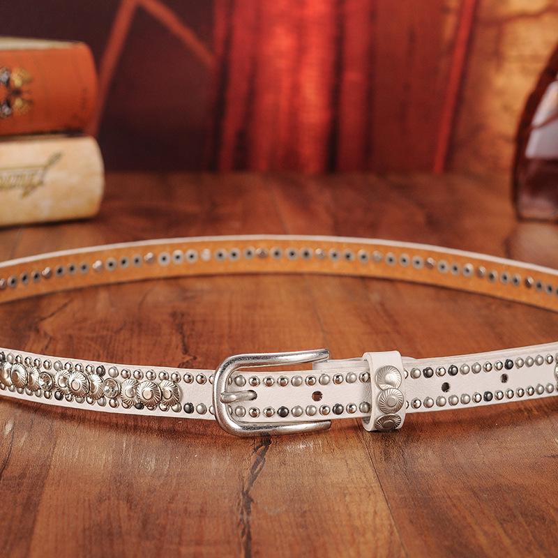 Ethnic Style Retro Rivet Leather Belt with Rhinestone Inlays for Women