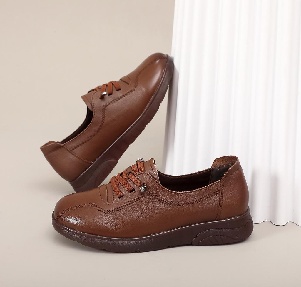 Leather shoes 2026 Spring and Autumn genuine leather flat bottomed round toe elastic soft sole single shoe