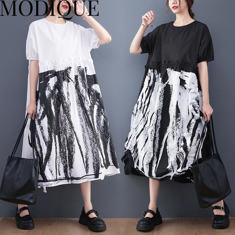 MODIQUE Sommer Pluss Størrelse Ny Kjole Skjorte Kvinner Løs Vintage Bomull Lin Patchwork Kjole Trykk Casual Damekjoler O-Hals
