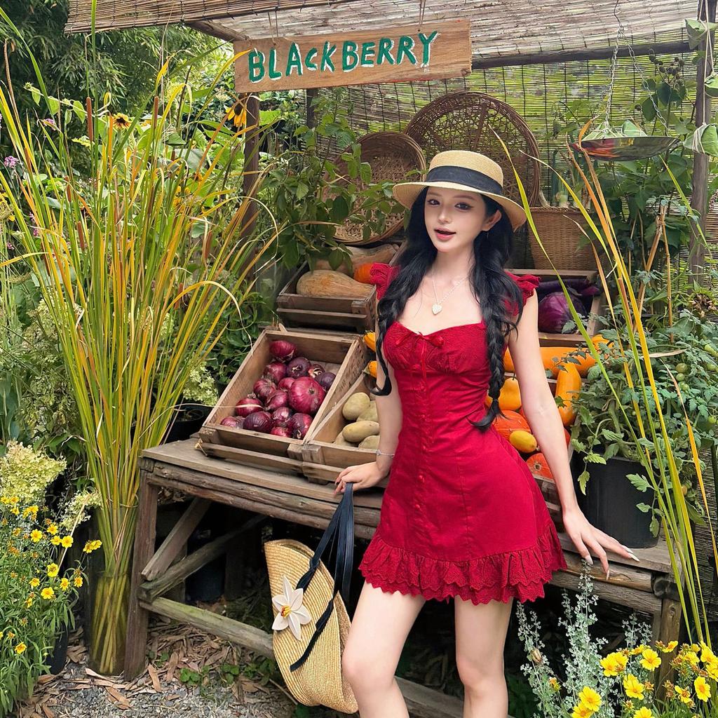 Wine Stained Roses, Small Flying Sleeves, Red Suspender Dress, Women's Summer Romantic Vacation Style Temperament Short Skirt