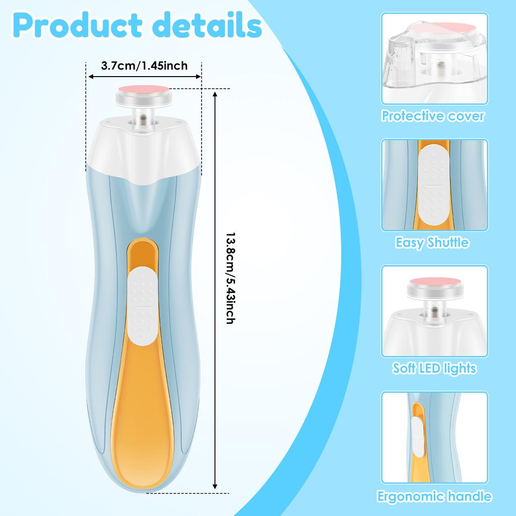 Electric Baby Nail File Lightweight USB Charging Baby Nail Clipper with LED Low Noise Stepless Speed Control Electric Nail File
