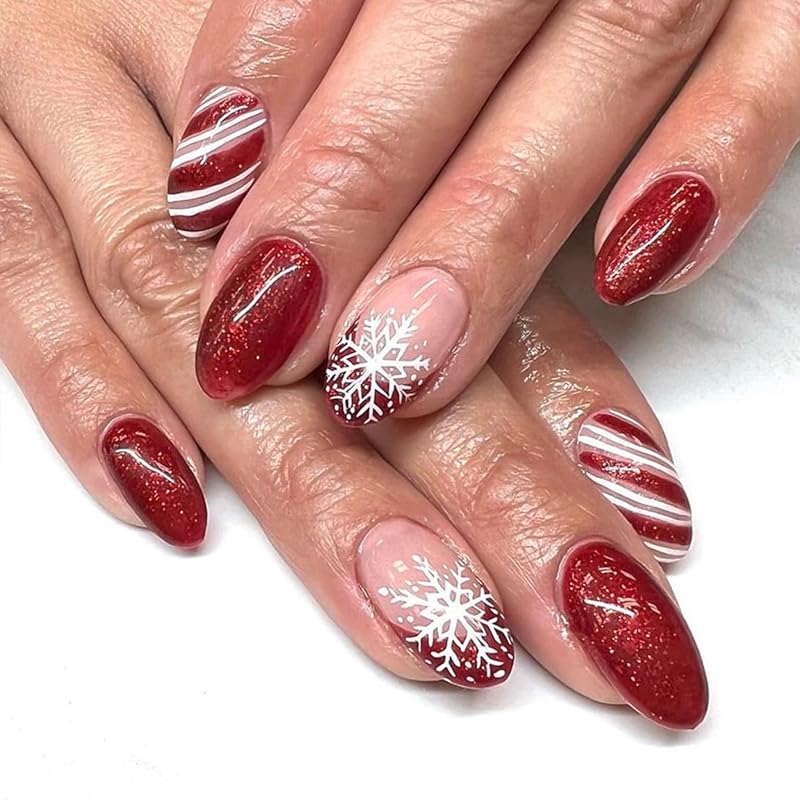 Christmas Press on Nails Short Square Fake Nails Nude Snowflake with Glitter Design Full Cover Stick on Nails Winter Xmas Press on Snow False Nails G Xmas