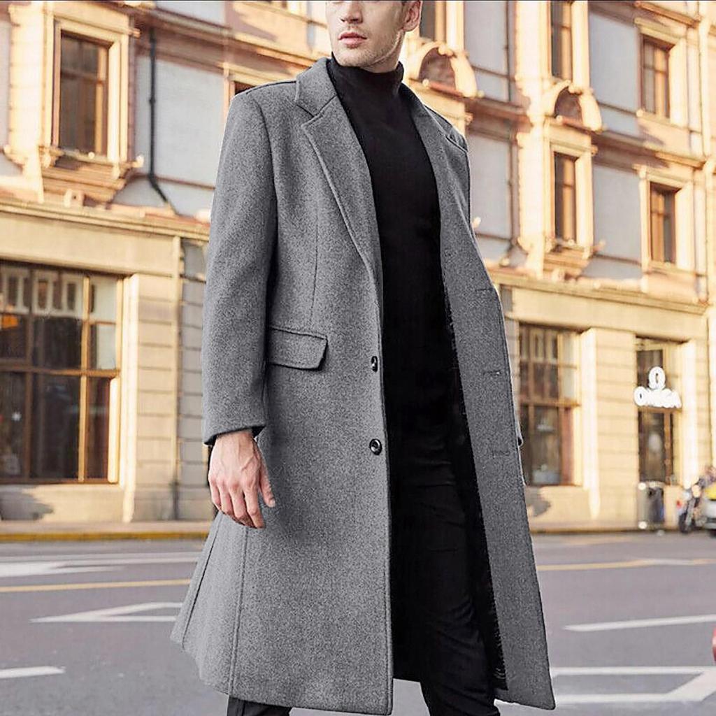 Wintermode Herren Slim Fit Langer einreihiger Thermo-Woll-Trenchcoat