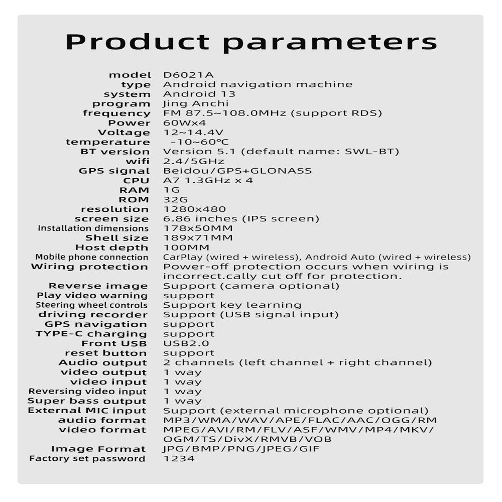 Radio samochodowe Android 1 Din Bezprzewodowy CarPlay Android-Auto Wifi Bluetooth Zestaw głośnomówiący GPS FM RDS USB Ekran IPS 6,86 cala Jednostka główna BD6021A