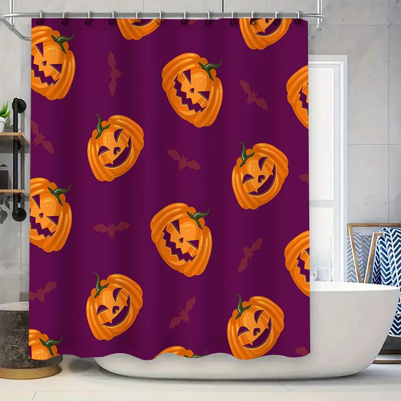 

Halloween Pumpkins Shower Curtain Purple Waterproof Bat Design Bathroom Decorative Rug Non Slip Plastic Home Decoration Size Cus 90x180cm