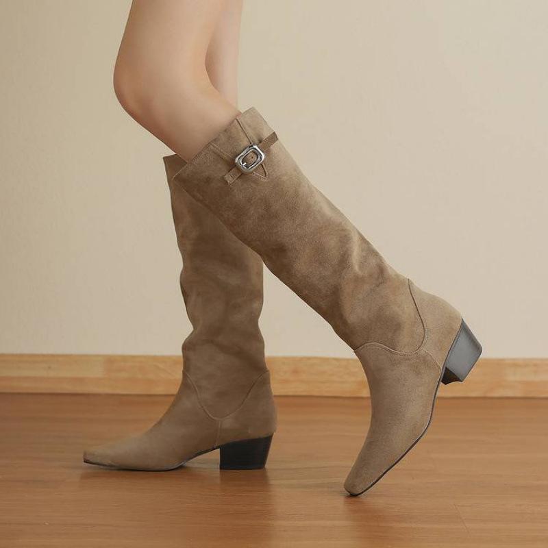 Autumn and Winter Women's Martin Boots Solid Color Leather Large Size Women's Boots Medium Heel Non-slip Rubber Sole Square Heel New High Boots