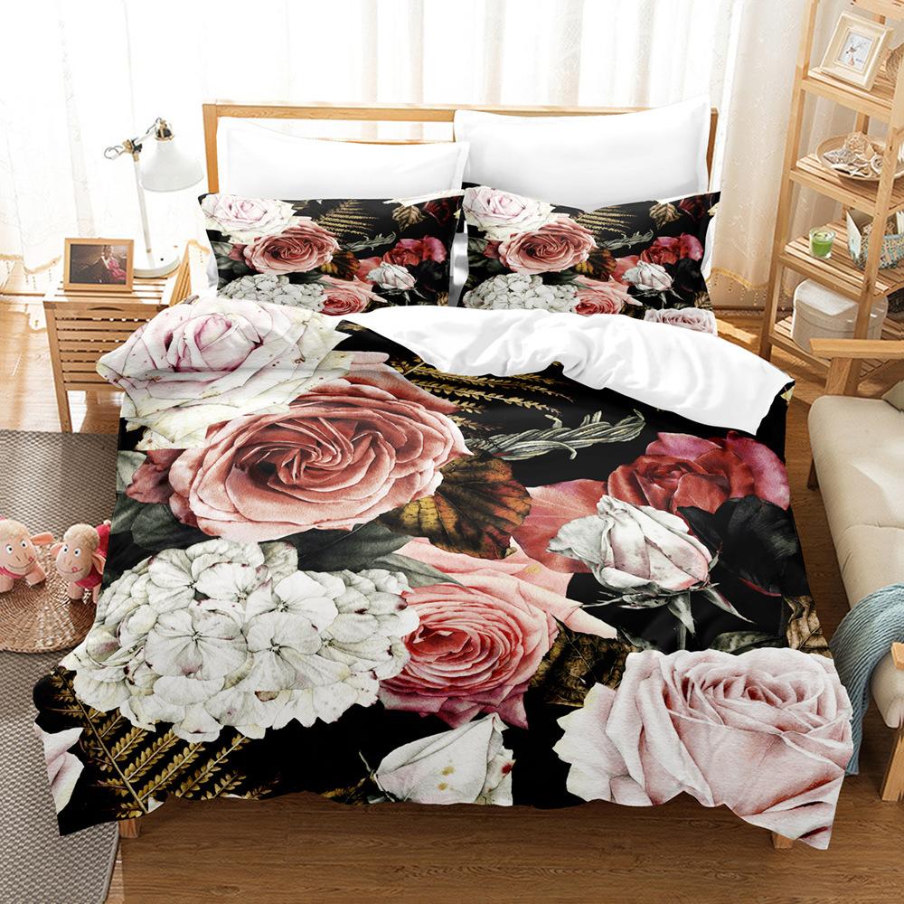 Fleur Roses, Romantique Et Festif Textile De Maison Kit De Draps Impression 3D Motif Cheveux Lisses Trois Pièces Mariage