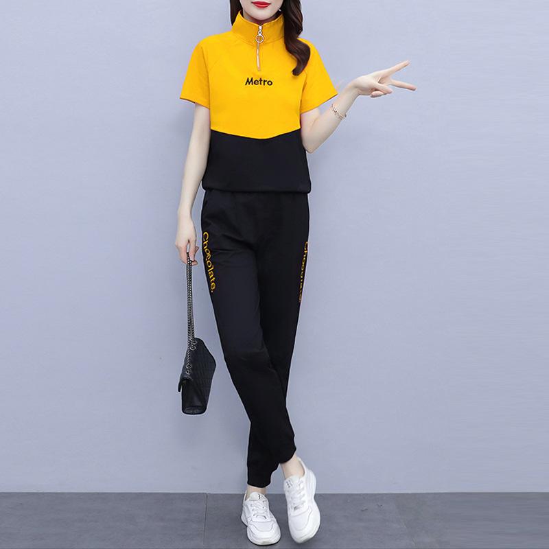 Good Korean Style Contrast Color Sweatshirt Suit Women's Large Size Fat and Slim Summer Wear Fashionable Age Reducing Trendy Sweatpants