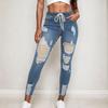 Women's Skinny Ripped Trendy Jeans Distressed Stretchy Denim Pants Elastic Waist Drawstring Denim Trousers