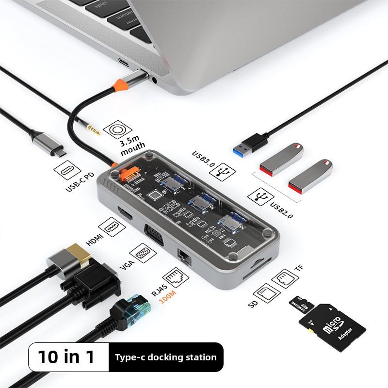 10-in-1 Type-C USB Hub with Transparent Design Multi-Function Dock Adapter