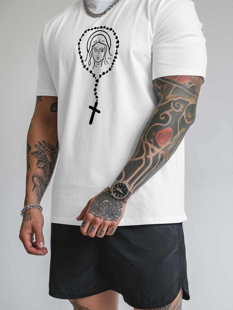 Unisex Short Sleeve Crew Neck Tee Virgin Mary Rosary Graphic Print Casual Lightweight T Shirt Religious Summer Daily Fashion Tops