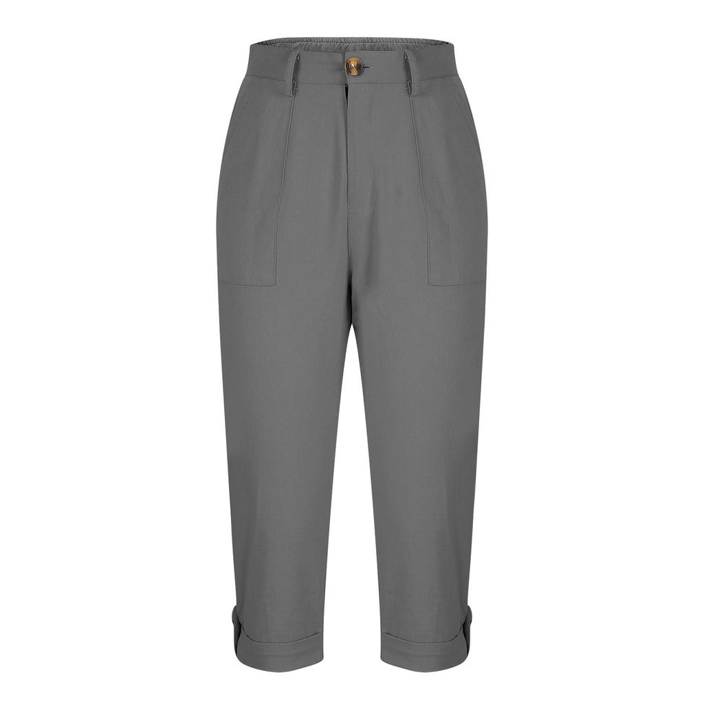 Women Casual Capri Pants High Waisted Rolled Cuff Ankle Pants Solid Color Pocket Detail Loose Fit Trousers