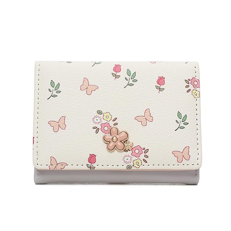 

Кошелек с цветами, короткий стиль, женский кардхолдер, трехсложный японский многофункциональный кошелек для мелочи. фиолетовый