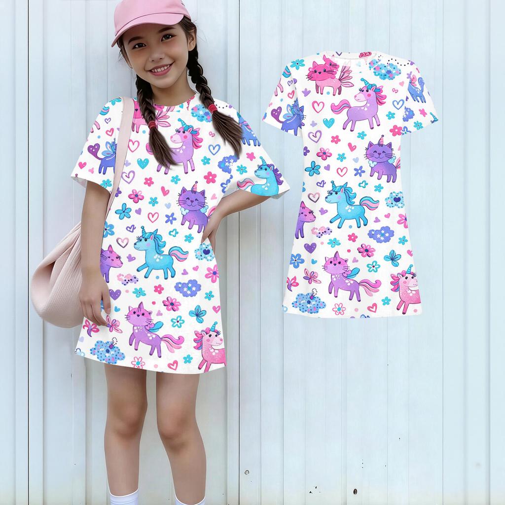 Girls Print Casual Dress Kids Loose Round Neck Short Sleeve Thin Sundress