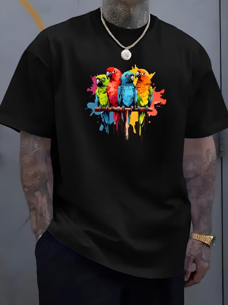 Unisex O Neck Tee Colorful Parrot Splash Art Print Cotton Short Sleeve Loose Summer Street Breathable Daily Casual Basic Wear Top