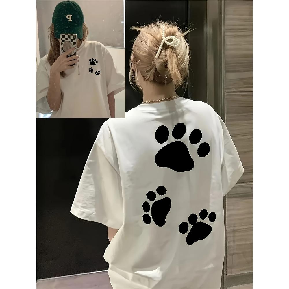 

Vintage Paw Print Graphic T Shirt Women Double Sided Cat Dog Footprint Tee Harajuku Short Sleeve Casual Animal Lover Top 2026 S