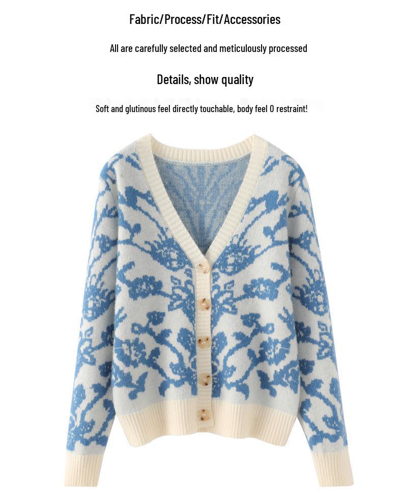 Blue & White Porcelain V-Neck Knit Cardigan - Women's Retro Jacquard Sweater with High-End Feel