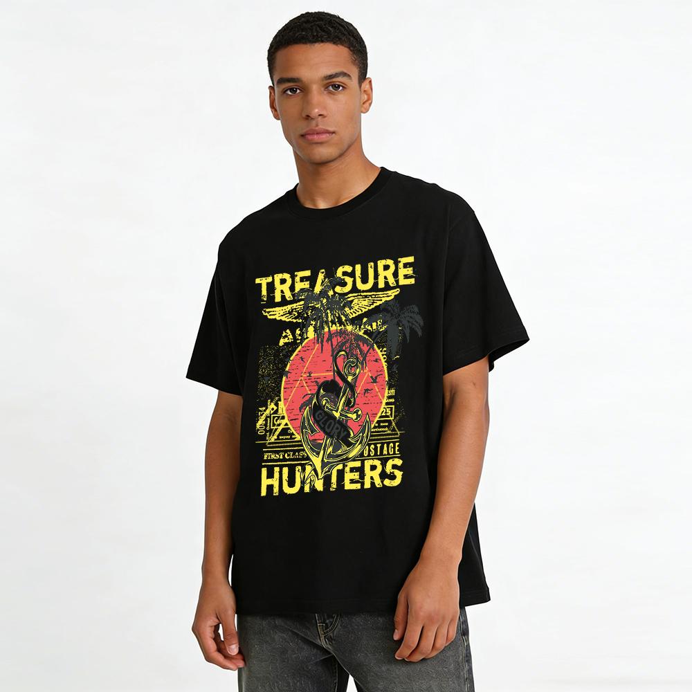 Vintage Nautical Treasure Hunters Print T-Shirt Coconut Tree Anchor Vacation Top Pure Cotton T-shirt