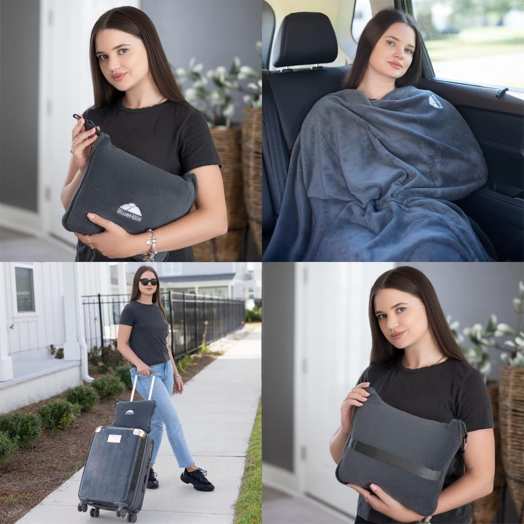 BlueHills Premium Soft Travel Blanket and Pillowcase for Flight Throw and Compact Large Warm Travel Airplane Portable Gray Airplanes, Blanket, Bag,