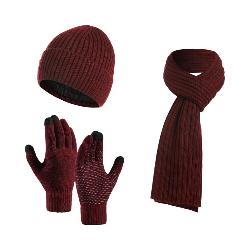 Unisex Custom Logo 3pcs Knitted Plain Polyester/Cotton Beanie Hat Scarf Gloves Set Long Warm Winter Clothing for Men Women