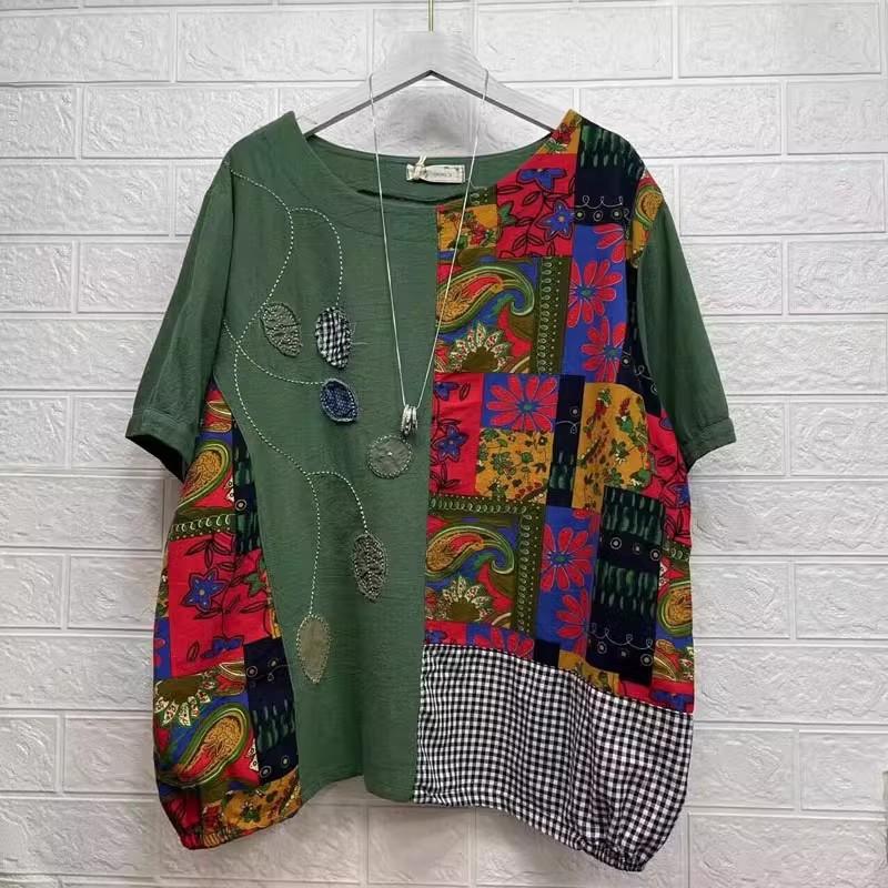 DIMANAF 2024 Verão Plus Size Mulheres Camisetas Estampa Floral Elegante Manga Patchwork Tops Tees Solto Casual Camisa de Linho 91688