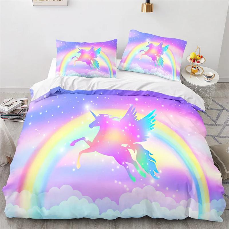 Unicorn Duvet Cover Set Cartoon Galaxy Rainbow Colourful Unicorn Cute Romantic Theme For Kids Girls Polyester Comforter Cover