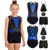 Kids Girls Gymnastics Dance Set Sleeveless Crisscross Back Shiny Rhinestones Color Block Metallic Leotard with Shorts Hairband and Drawstring Backpack