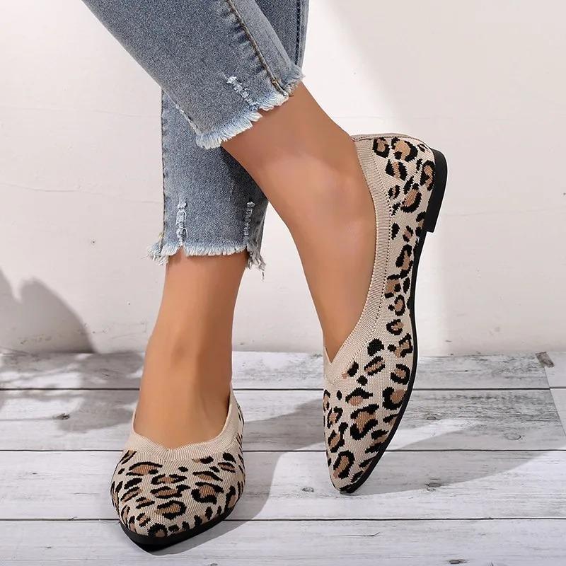 Elegant Houndstooth Knitted Ballet Flats Woman Point Toe Mesh Moccasins Ladies Big Size Leopard Loafers Soft Driving Shoes