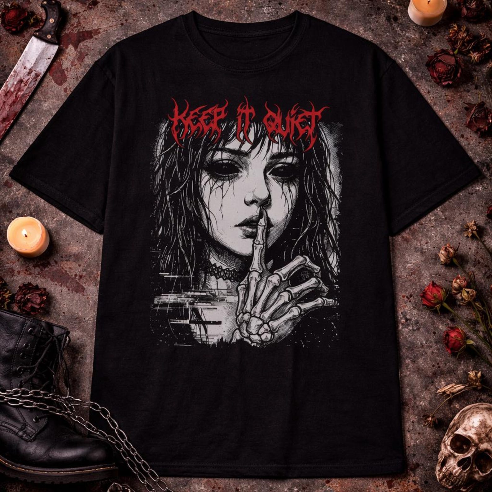 Gothic T-Shirt Keep It Quiet - Dark Anime Aesthetic, Skeleton Hand Shush Graphic, Edgy Alt Clothing, Emo Grunge Streetwear XL