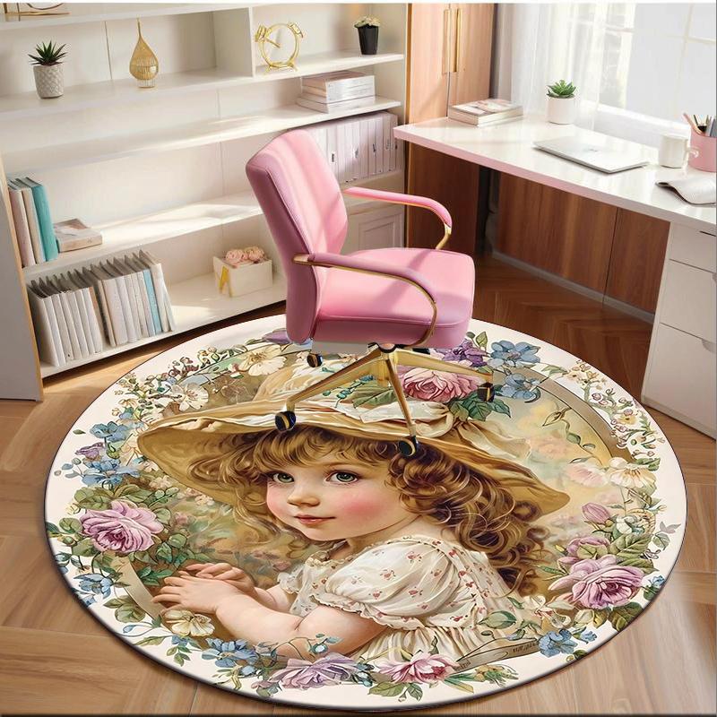 Floral Fantasy: Child's Garden Round Carpet Chair Cushion Round Entryway Rug, Soft Round Rugs for Living Room, Bedroom, Circle Carpet Decor Gifts