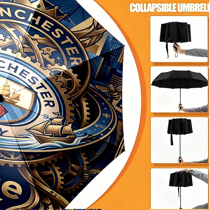 Custom Name Personalized Manchester City Print Umbrella, Auto Open Close, 8‑Rib Sturdy Frame, Commute Camping Hiking Use, Birthday Gift