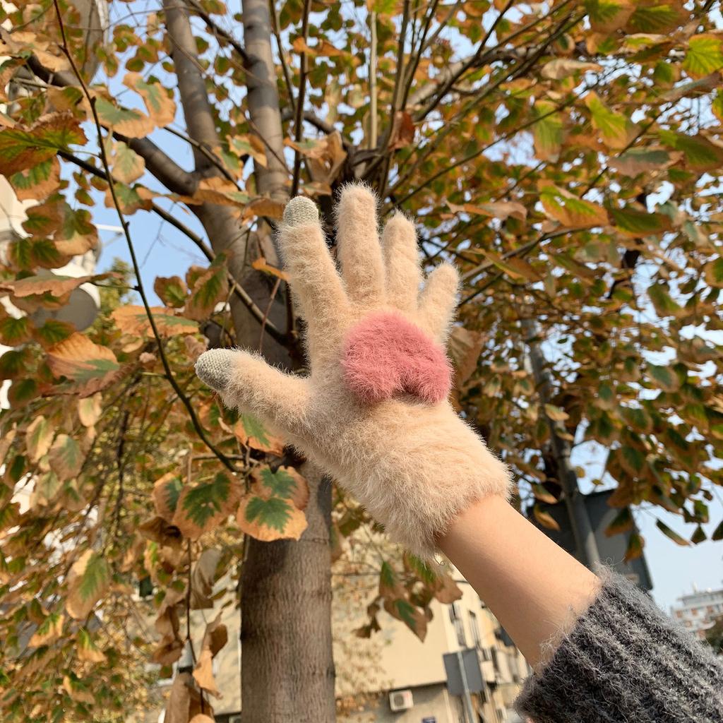 Plus Velvet Warm Touch Screen Gloves for Sweet Girls Korean Style Cute Knitted Wool Split Finger Cycling for Cold Proof Students