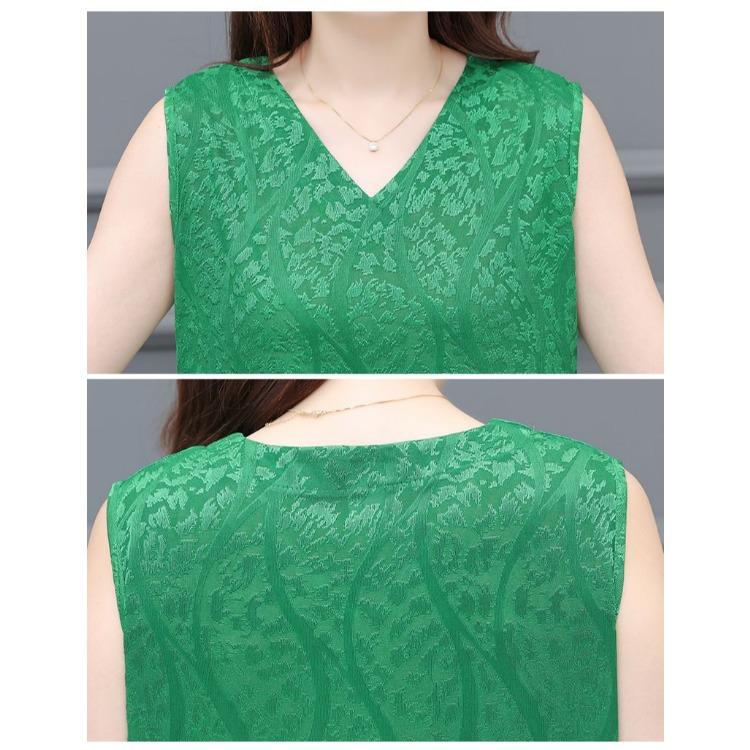 Fashionable V-Neck Sleeveless Dress Elegant Long Vest Dress Breathable Jacquard Fabric Stretchy Summer Dress