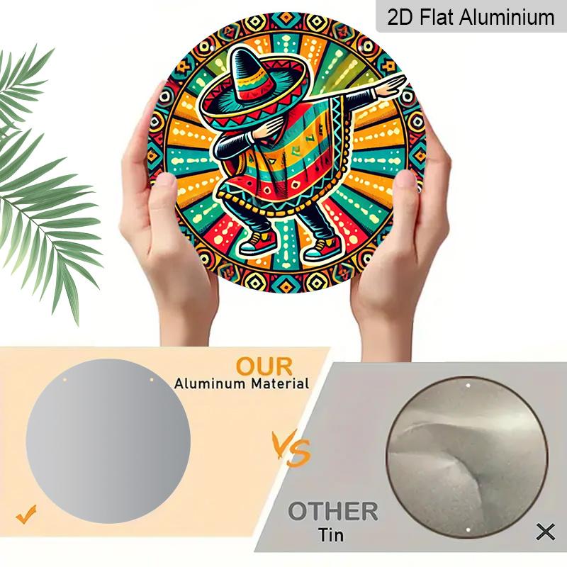 2D Flach, 1 Stück 7,87 Zoll Rundes Aluminiumschild, Mexikanisches Fiesta Sombrero & Maracas Design, Lebendige Kulturelle Metallwandkunst, Einfach Aufzuhängen Innen-/Außenbereich Dekor